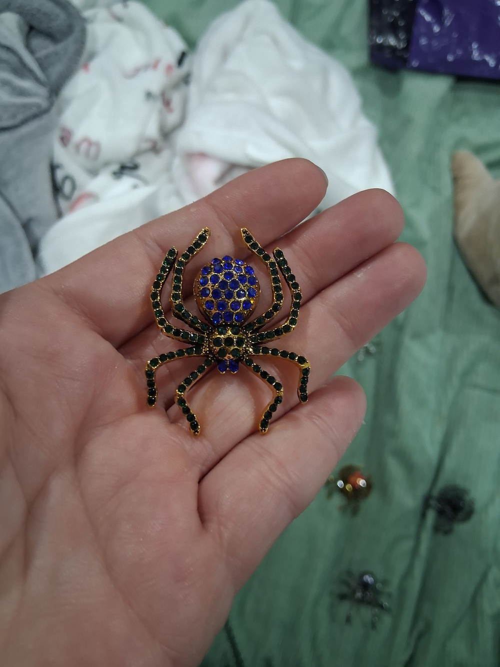 Gold-Tone Spider Brooch with Blue and Green Stones